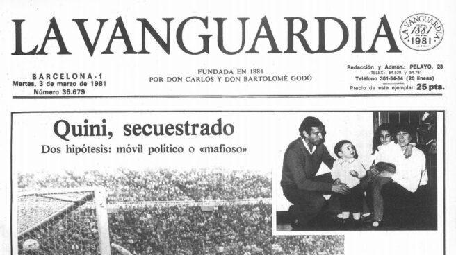 Portada del diario La Vanguardia del 3 de marzo de 1981, tras el secuestro de Quini.