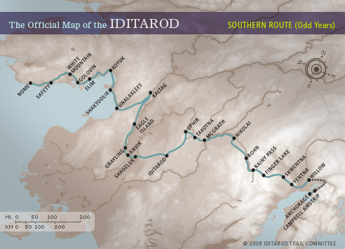 Ruta sur de la Iditarod, por la que discurrirá la carrera en los años 2018 y 2019.