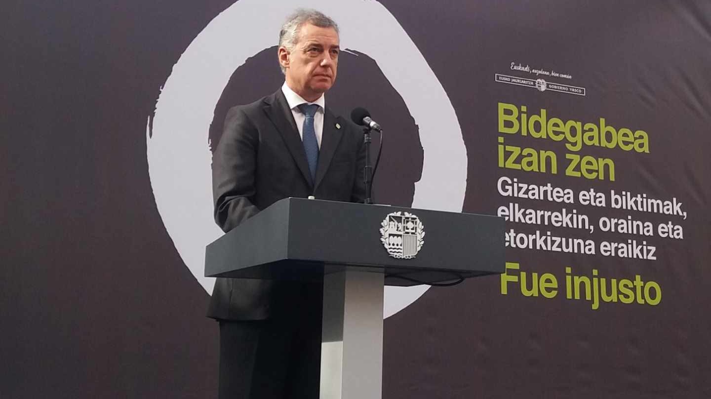 El lehendakari Iñigo Urkullu durante su intervencion en el acto con motivo del Día Europeo de las Víctimas del Terrorismo.