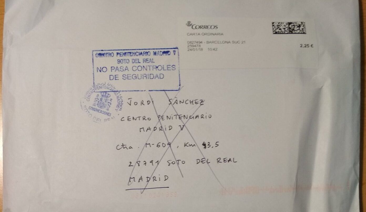 Carta enviada a prisión a Jordi Sànchez y devuelta al no pasar el control de seguridad.