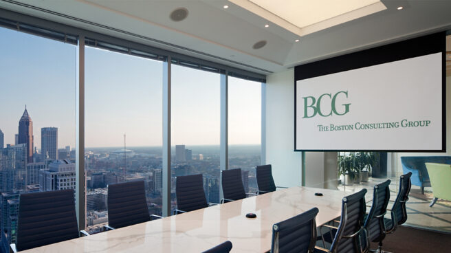 Logotipo de Boston Consulting Group en una reunión organizada por la consultora.