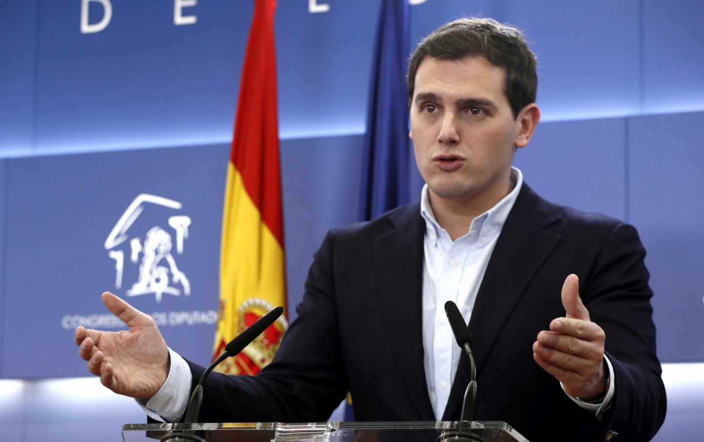 El líder de Ciudadanos, Albert Rivera, durante una rueda de prensa en el Congreso.