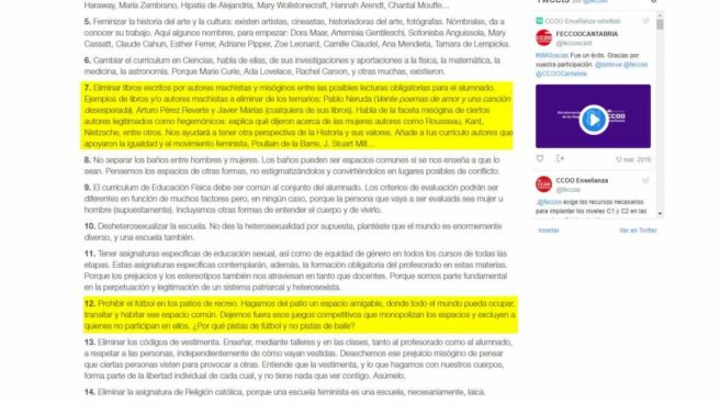 ccoo-enseñanza-feminismo 'Decálogo para una escuela feminista'.