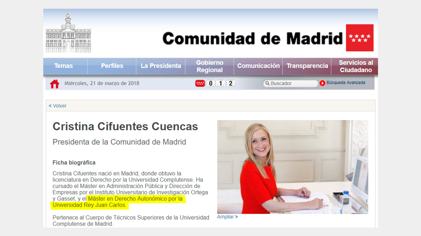 Extracto del currículo oficial de Cristina Cifuentes, que puede consultarse en la web de la Comunidad de Madrid.