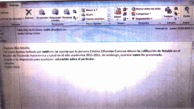 correo_cifuentes Pantallazo del correo electrónico donde se pedía el cambio de nota por un error