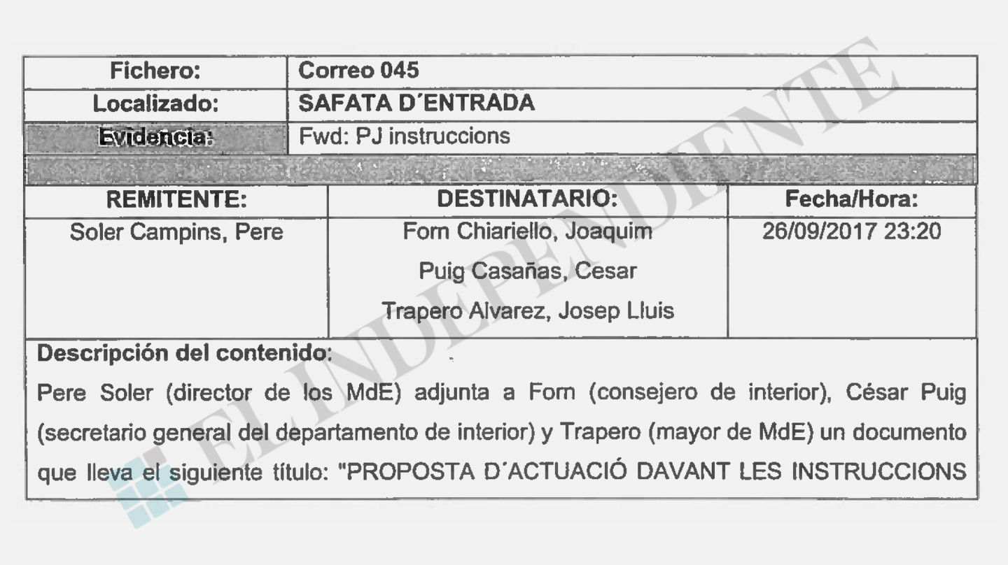 Correo de Pere Soler a Forn y Trapero