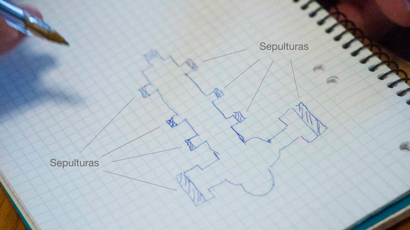 Dibujo de la planta de la basílica del Valle de los Caídos realizado por el prior, situando las capillas en las que se hallan los osarios.