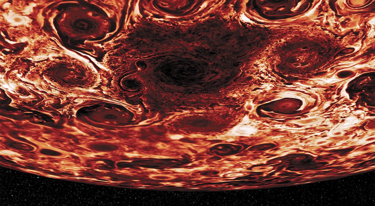 El infernal aspecto del polo sur de Júpiter; a mayor brillo, más calor escapa de su interior