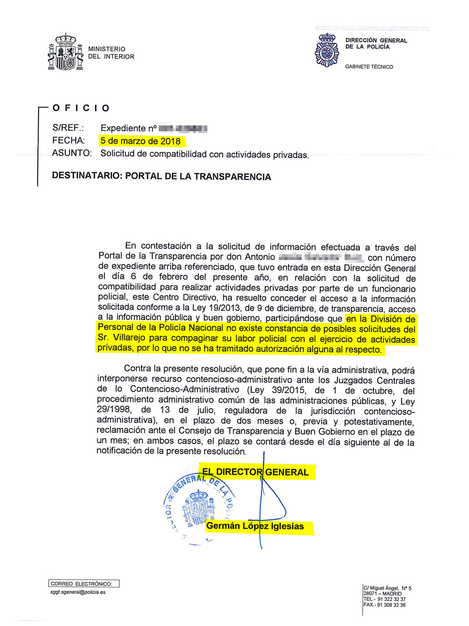 Oficio en el que la Dirección General de la Policía admite que Villarejo no solicitó autorización para compaginar su labor policial con su faceta de empresario.