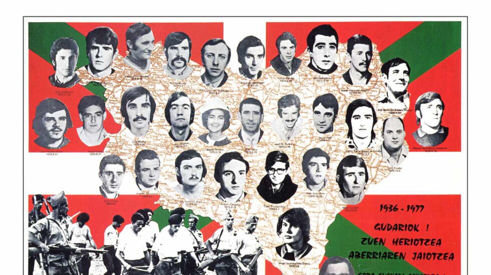 Cartel propagandístico de ETA pubicado en 1977 con todos los mimebros de la banda muertos. Txabi Etxebarrieta, en la parte inferior y en el centro.