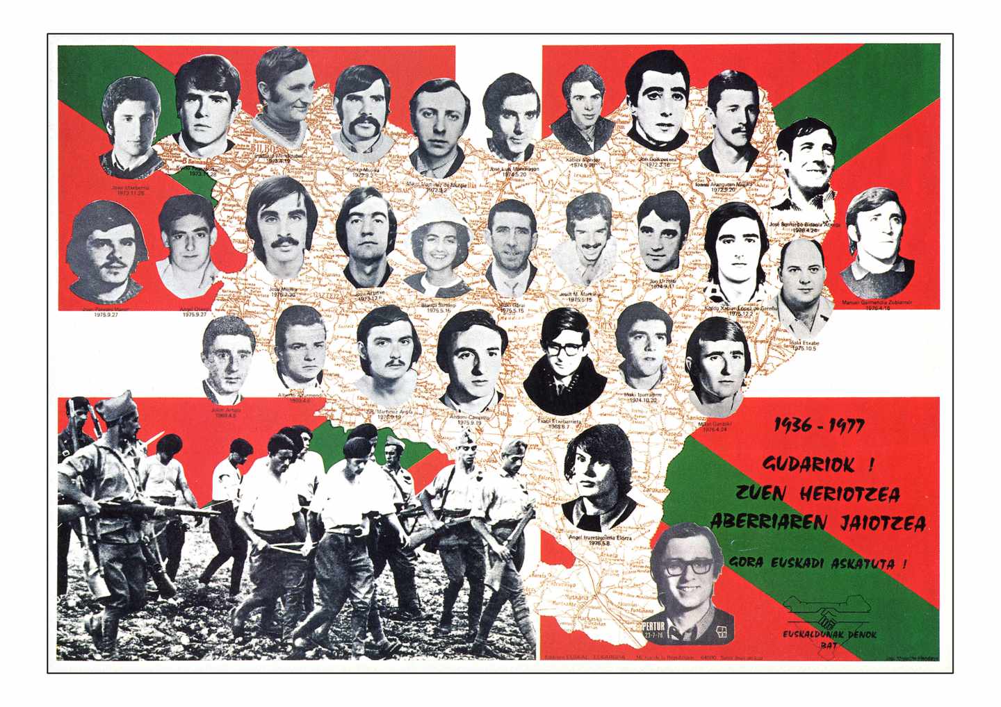 Cartel propagandístico de ETA pubicado en 1977 con todos los mimebros de la banda muertos. Txabi Etxebarrieta, en la parte inferior y en el centro.