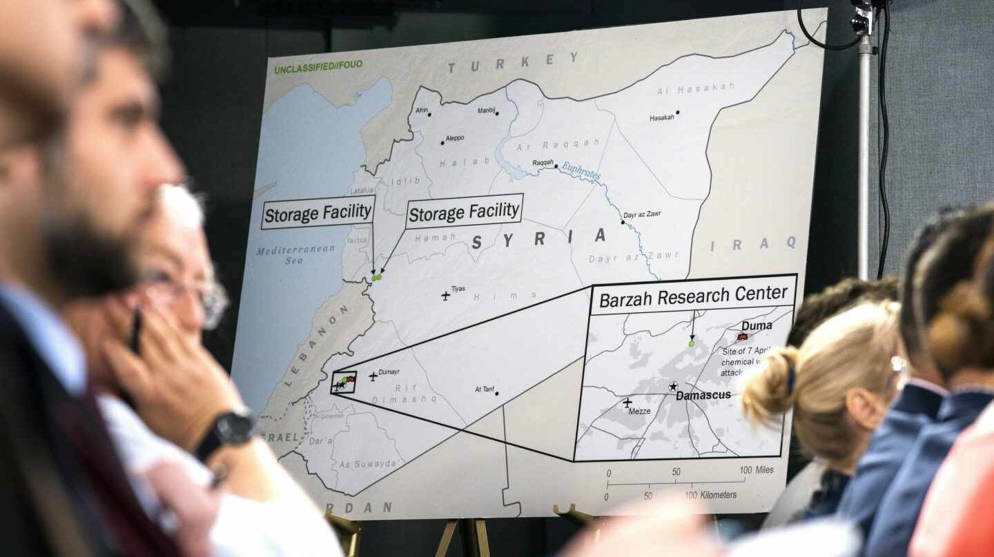 Uno de los gráficos del ataque a Siria presentados en el Pentágono.