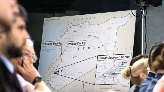 Uno de los gráficos del ataque a Siria presentados en el Pentágono.