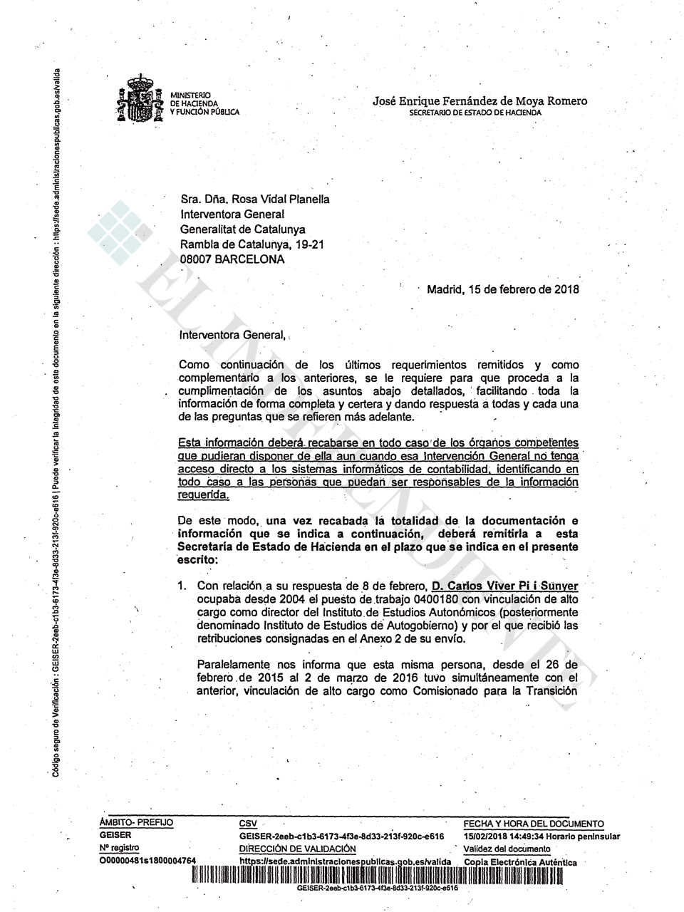 Carta a la interventora de la Generalitat