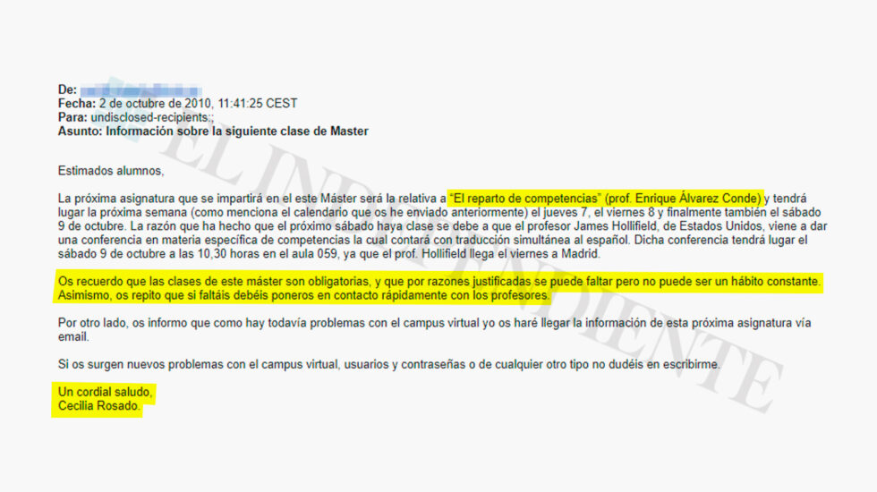 Correo electrónico de Cecilia Rosado a los alumnos del Máster.