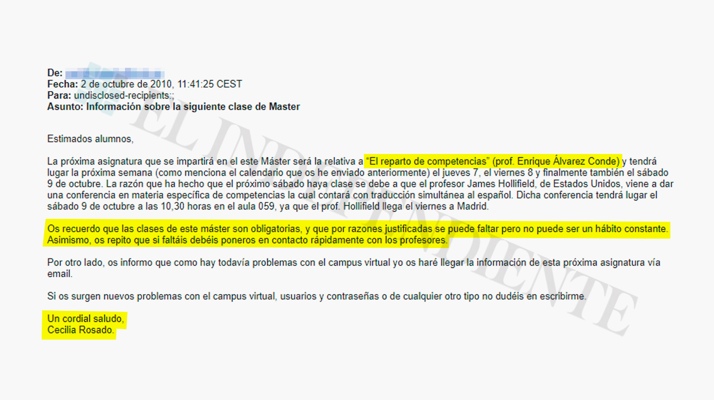 Correo electrónico de Cecilia Rosado a los alumnos del Máster.