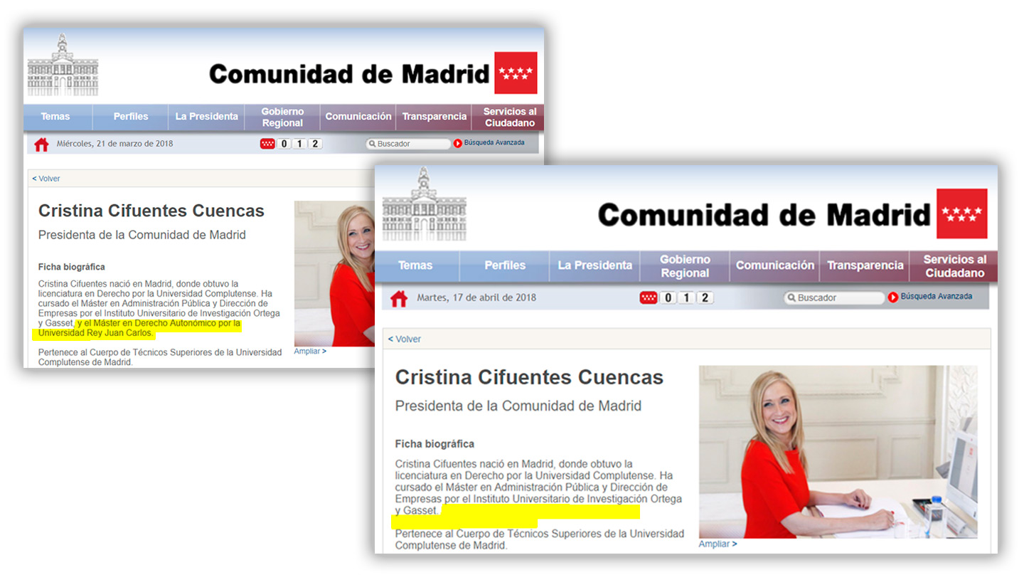 Biografía oficial de Cifuentes antes y después de borrar el máster de la URJC.