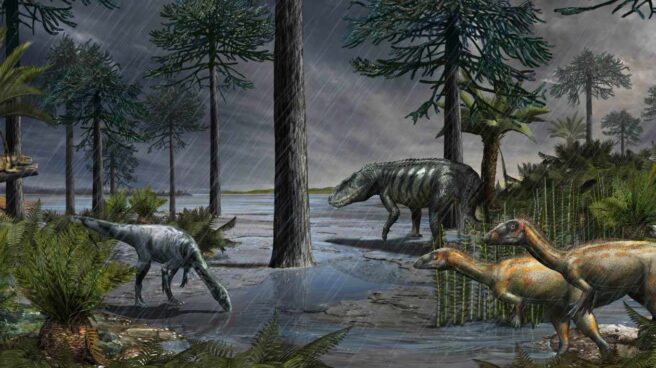 Aparición masiva de dinosaurios tras el episodio de lluvias del Carniano