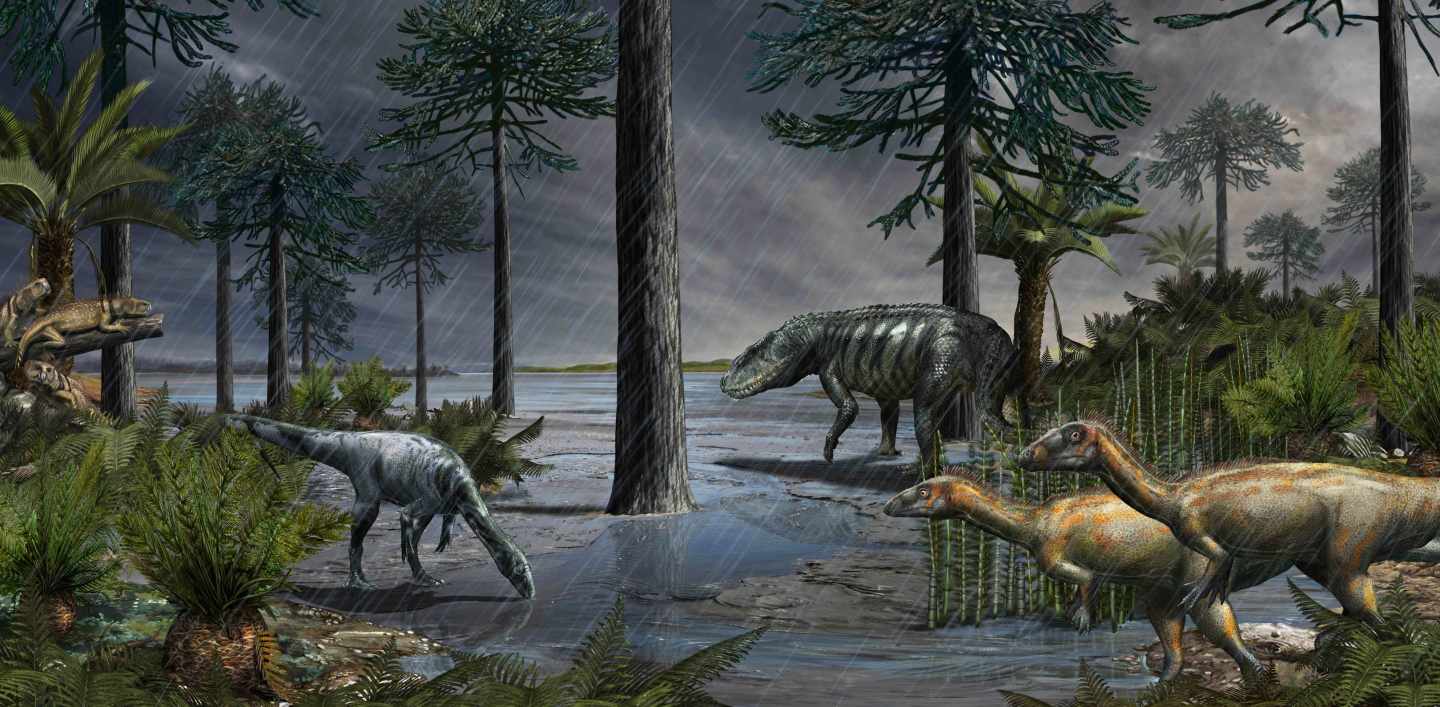 Aparición masiva de dinosaurios tras el episodio de lluvias del Carniano