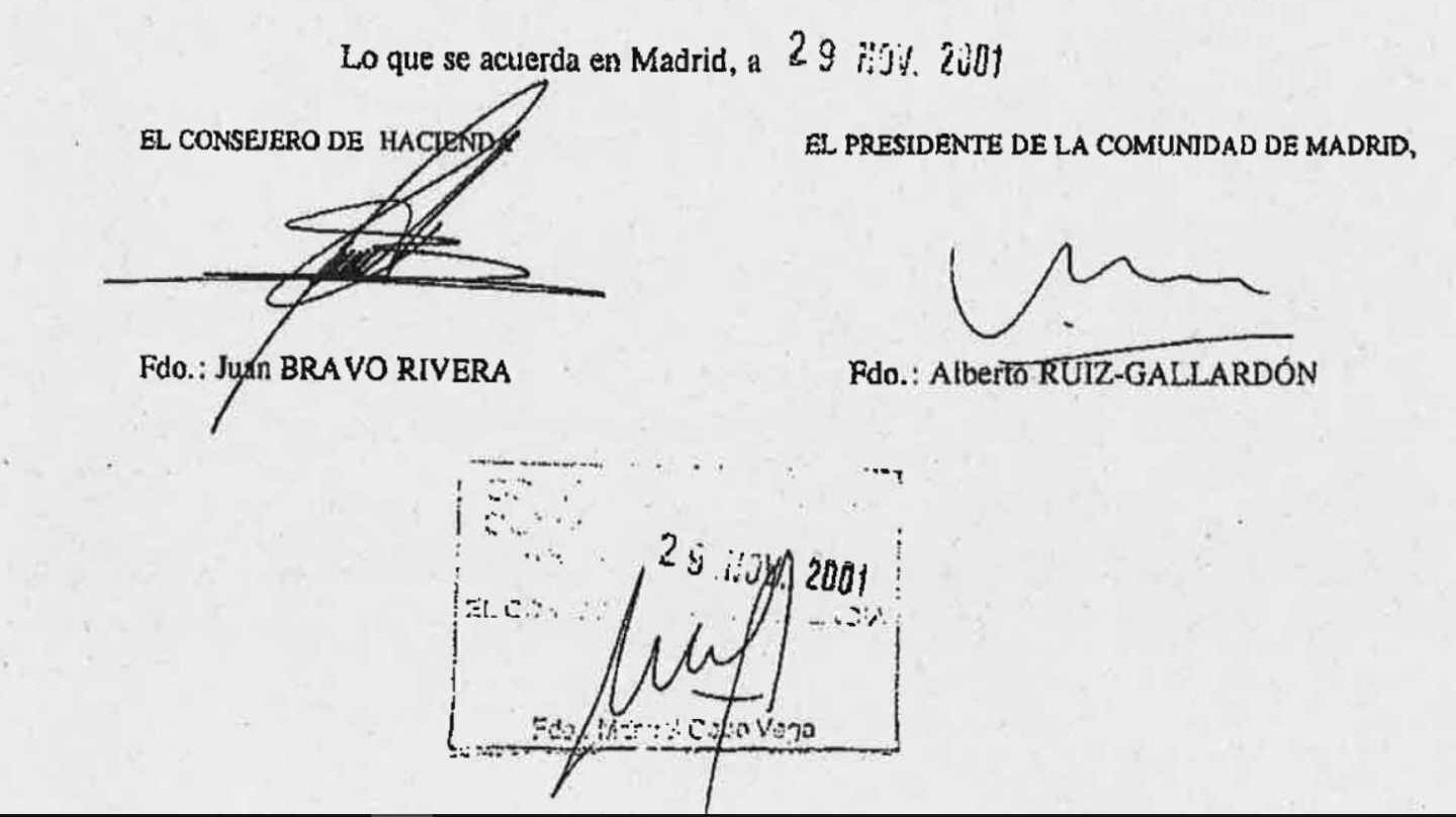 Firma de Ruiz-Gallardón en el acta del Consejo de Gobierno de 29 de noviembre de 2001 que autorizó la compra de la compañía colombiana Inassa.