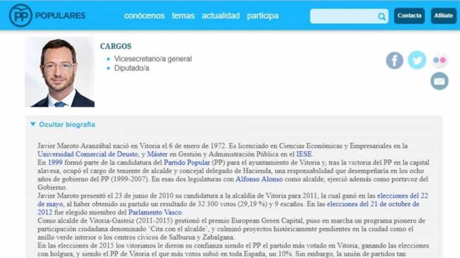 Maroto afirma que su currículum en la web del PP contiene por error que cursó un máster