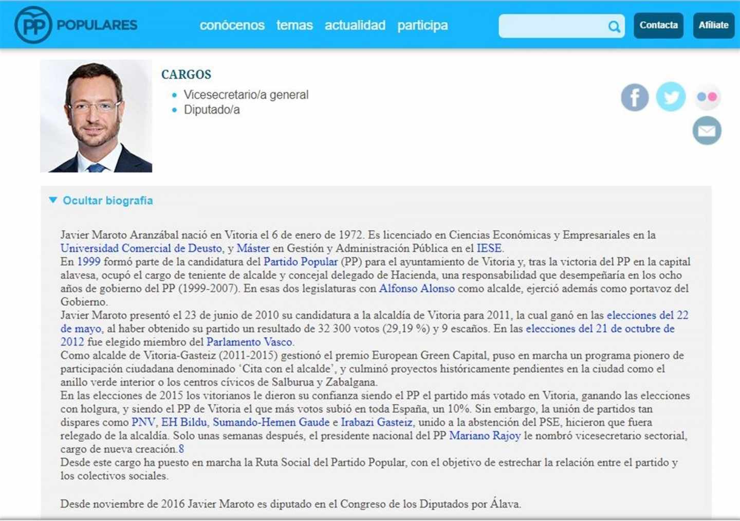 Biografía de Javier Maroto en la web del PP.