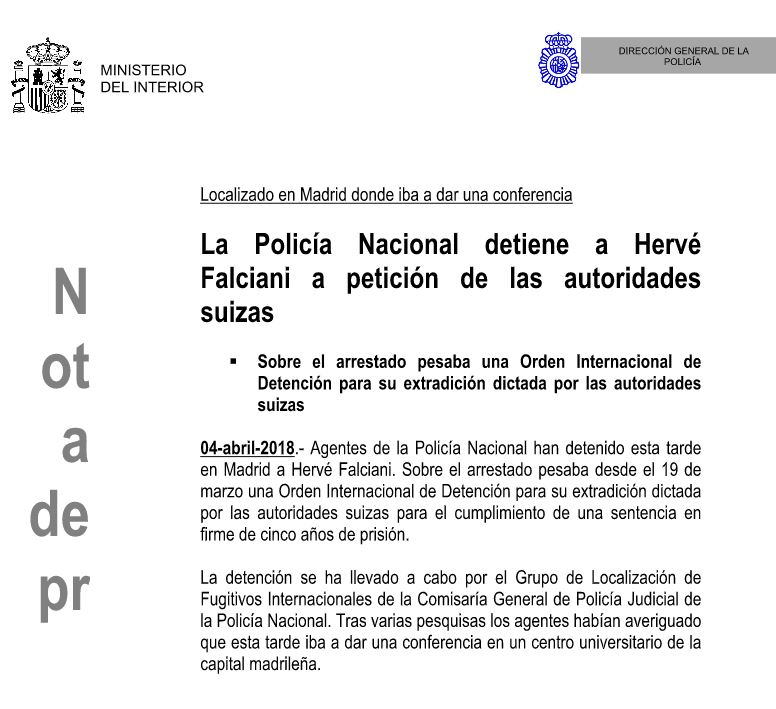 Nota de prensa de la Policía Nacional sobre la detención de Hervé Falciani.