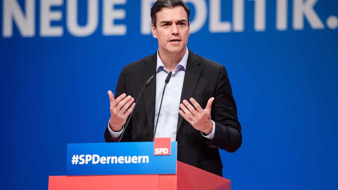 El secretario general del PSOE, Pedro Sánchez, en una conferencia en Alemania.