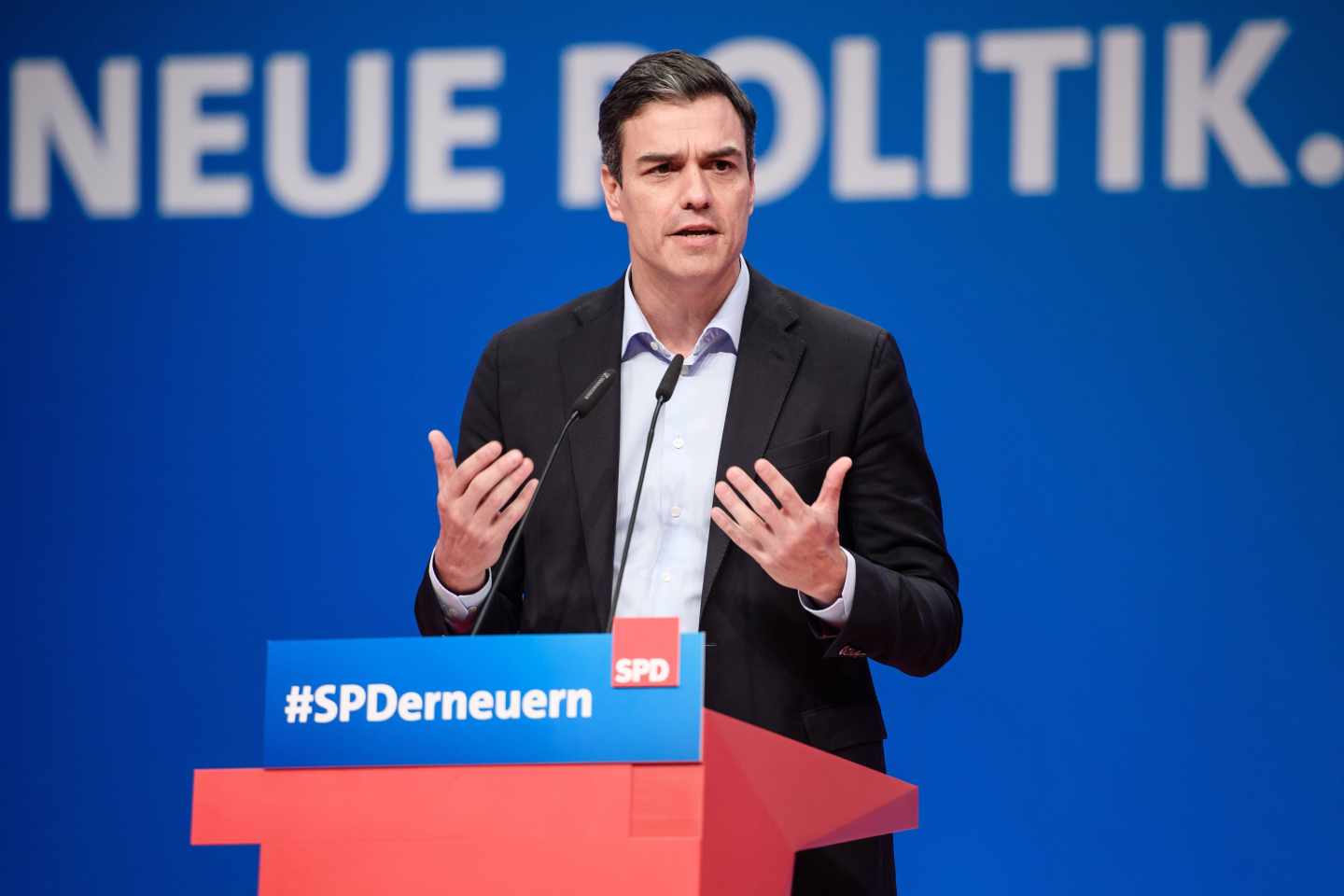 El secretario general del PSOE, Pedro Sánchez, en una conferencia en Alemania.