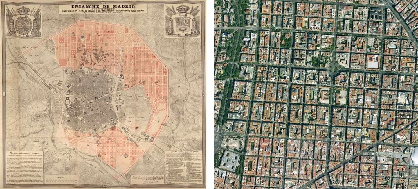 Plano de Castro de 1857 y actual trama en vista aérea