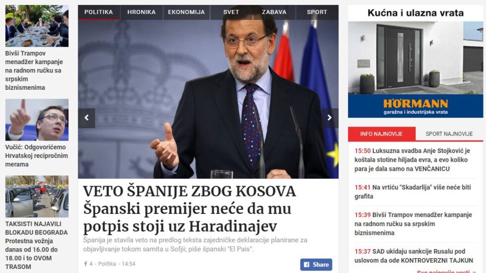 Apertura del diario serbio Blic, con la noticia del veto español a Kosovo en portada.