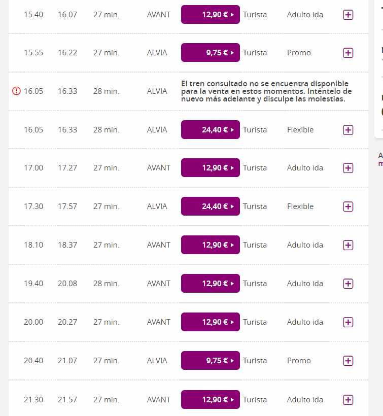 19.40 horas. Mismo tren, distinto nombre (Avant) y 12,90 euros.