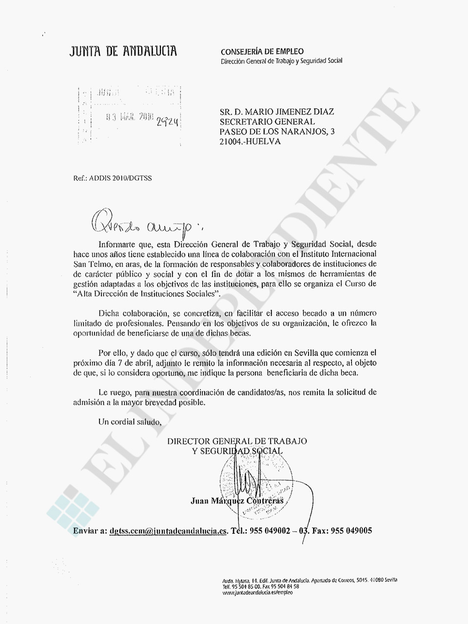 Carta de invitación a la beca.