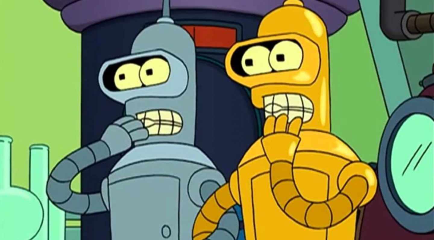 El robot Bender de Futurama se encuentra con su gemelo de un universo paralelo