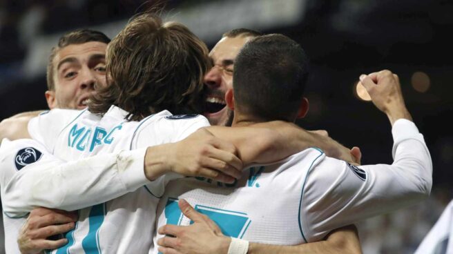Benzema, tras uno de sus goles al Bayern.