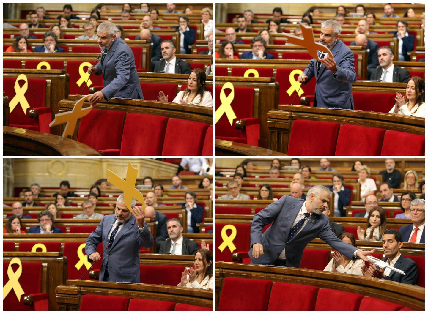 Carlos Carrizosa, de Ciudadanos, retira un lazo amarillo en el Parlament.