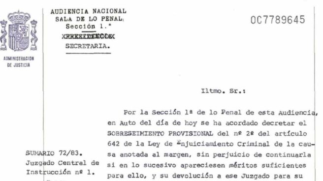 Resolución de la Audiencia Nacional por la que se decretó el sobreseimiento provisional del caso por el asesinato de José Ignacio Ustaran.