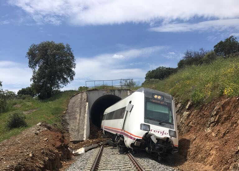 El tren de media distancia Huelva-Madrid descarrilado.