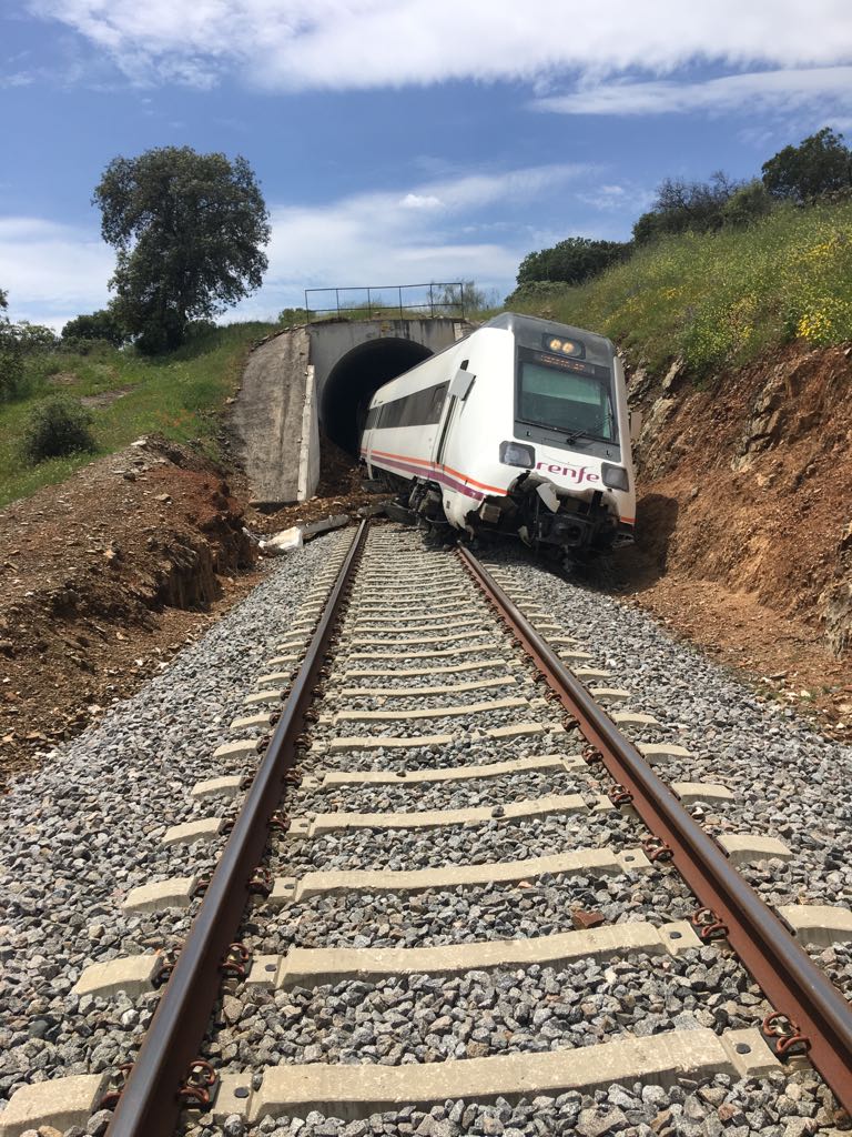 El tren de media distancia Huelva-Madrid descarrilado.