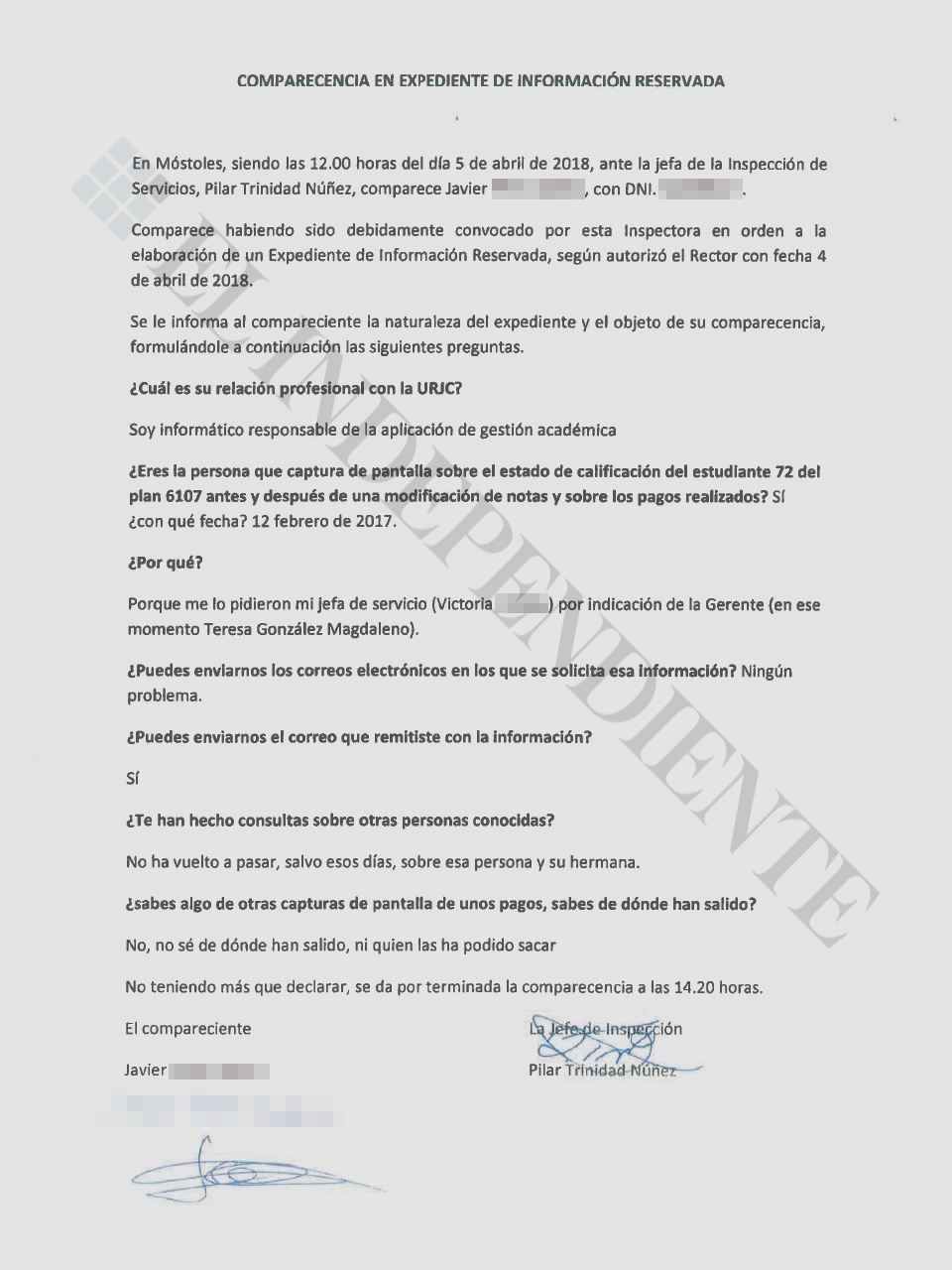 Acta de la declaración del informático Javier P.I. ante la jefa de Inspección de Servicios de la URJC.