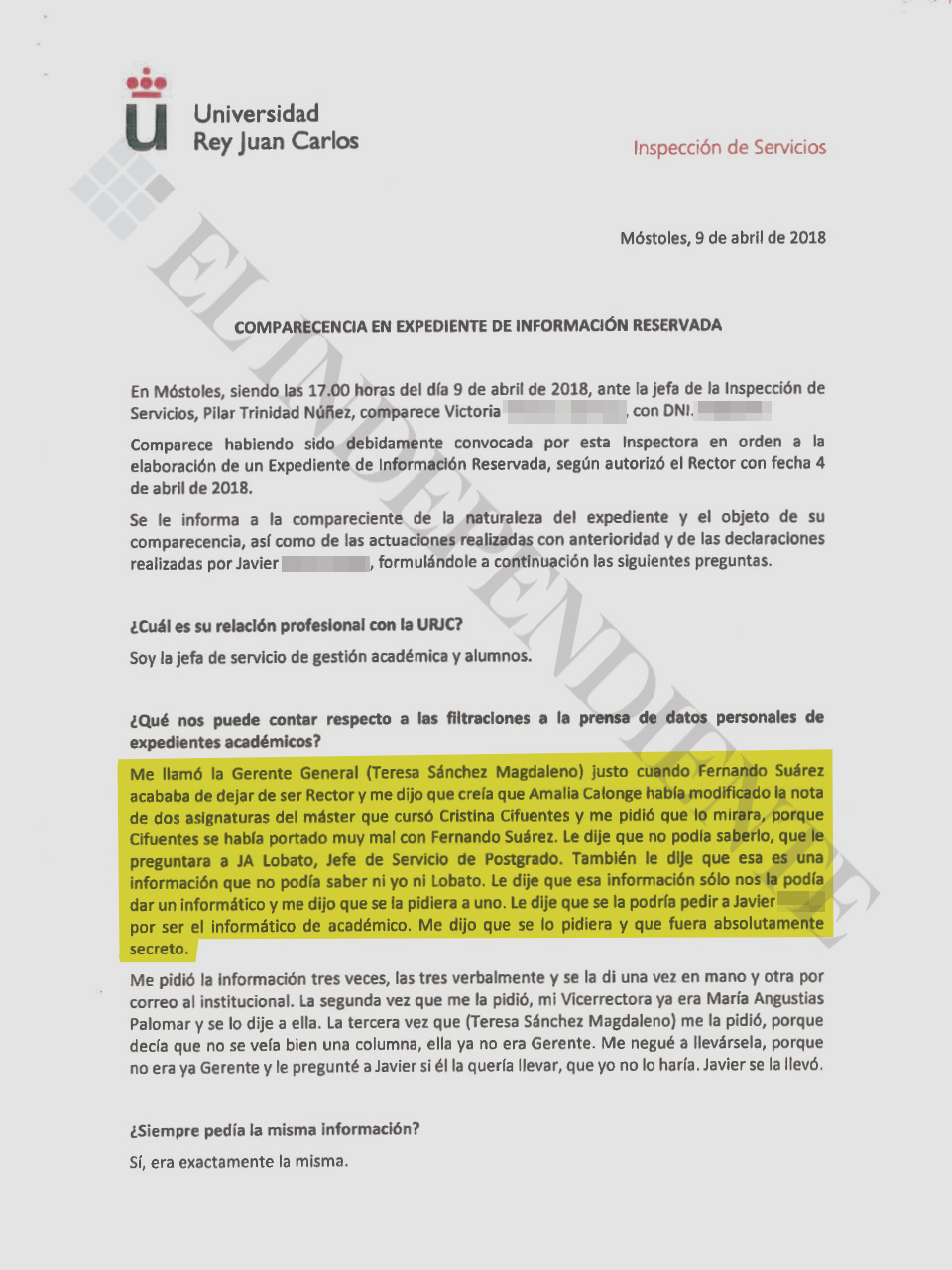 Acta de la comparecencia de la jefa de servicio de Gestión Académica y Alumnos.