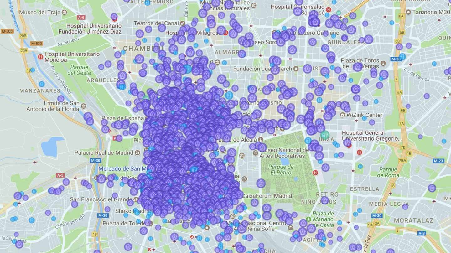 Concentración de pisos turísticos en el distrito Centro de Madrid.