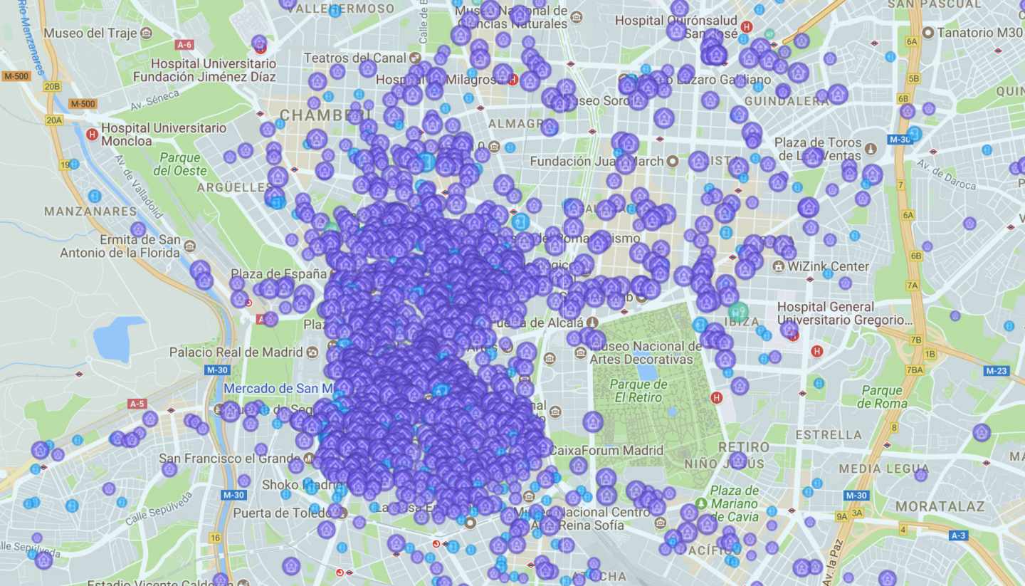 Concentración de pisos turísticos en el distrito Centro de Madrid.