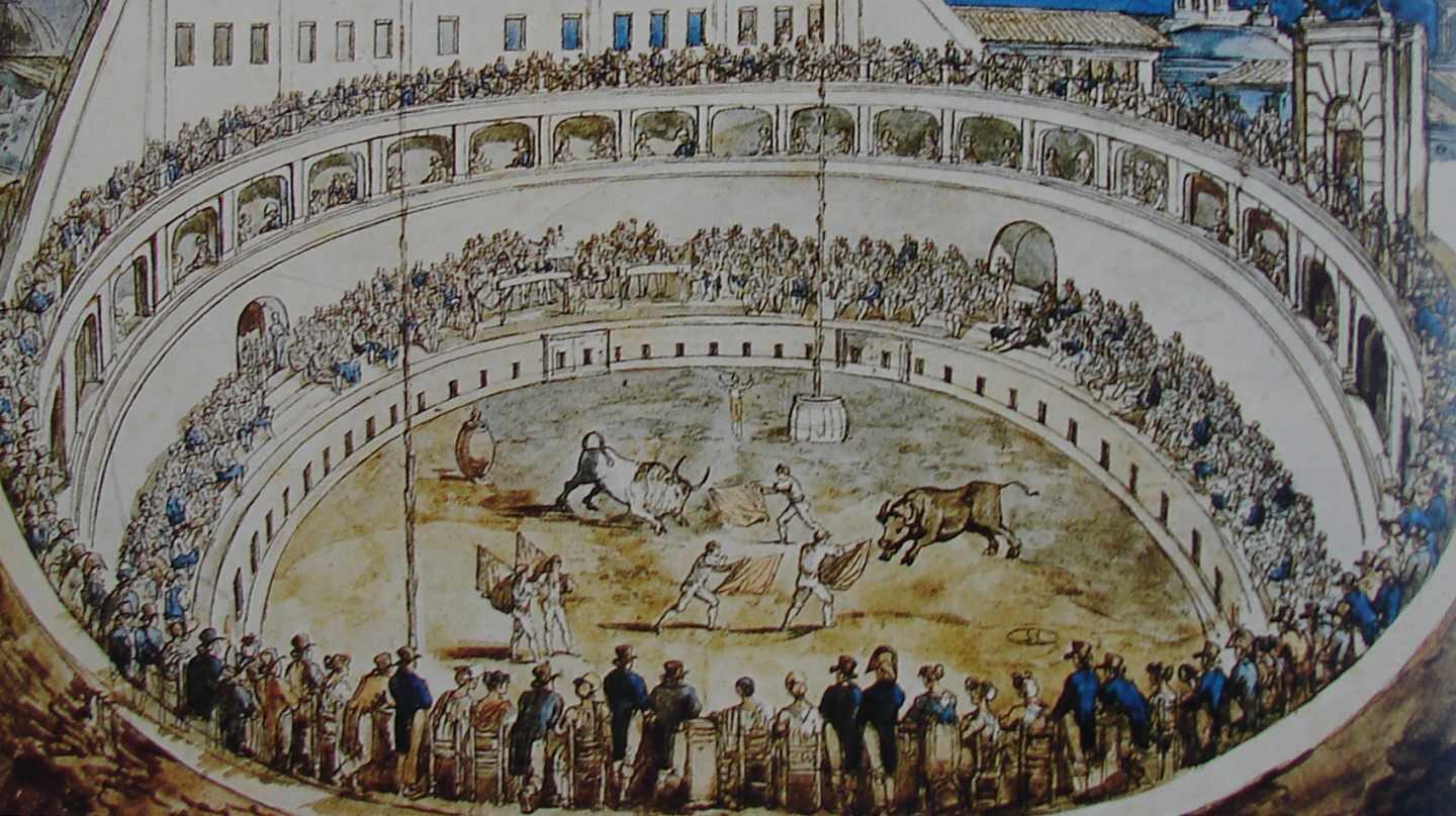 Pintura de B. Pinelli de 1810 con espectáculos de toros en el Mausoleo de Augusto