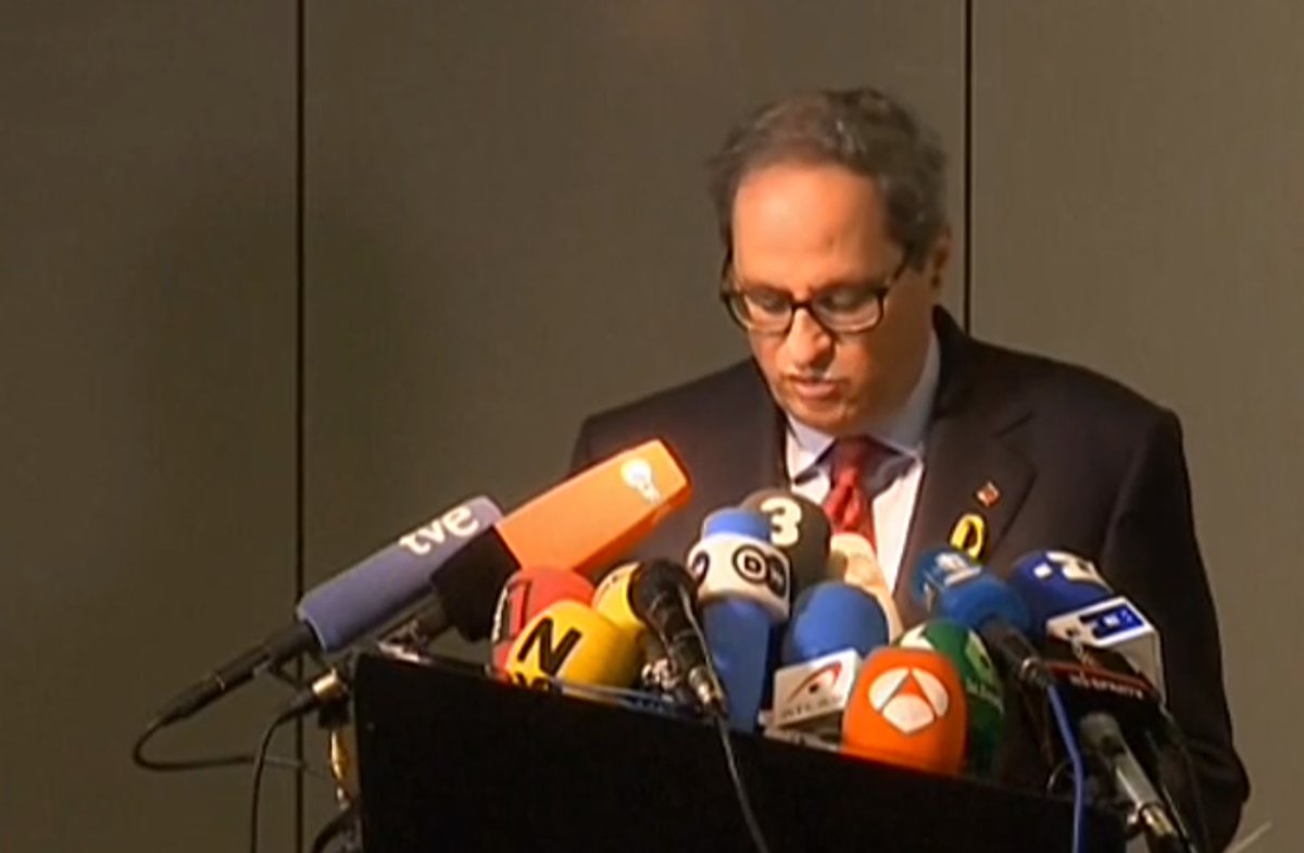 El presidente de la Generalitat, Quim Torra, en la rueda de prensa celebrada con Puigdemont en Berlín.