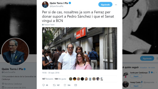 Ferraz tiene que desmentir el apoyo de Torra a Sánchez por otro tuit "irónico" del president