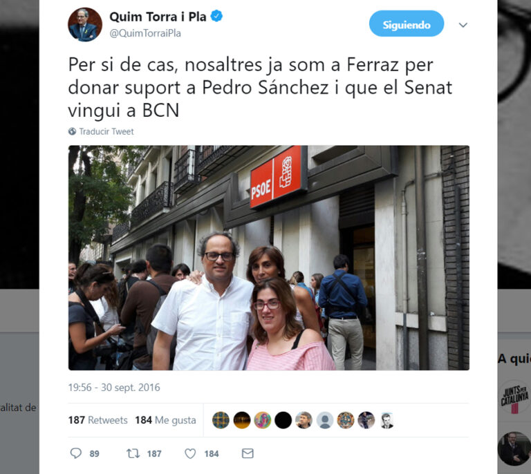 Ferraz tiene que desmentir el apoyo de Torra a Sánchez por otro tuit "irónico" del president