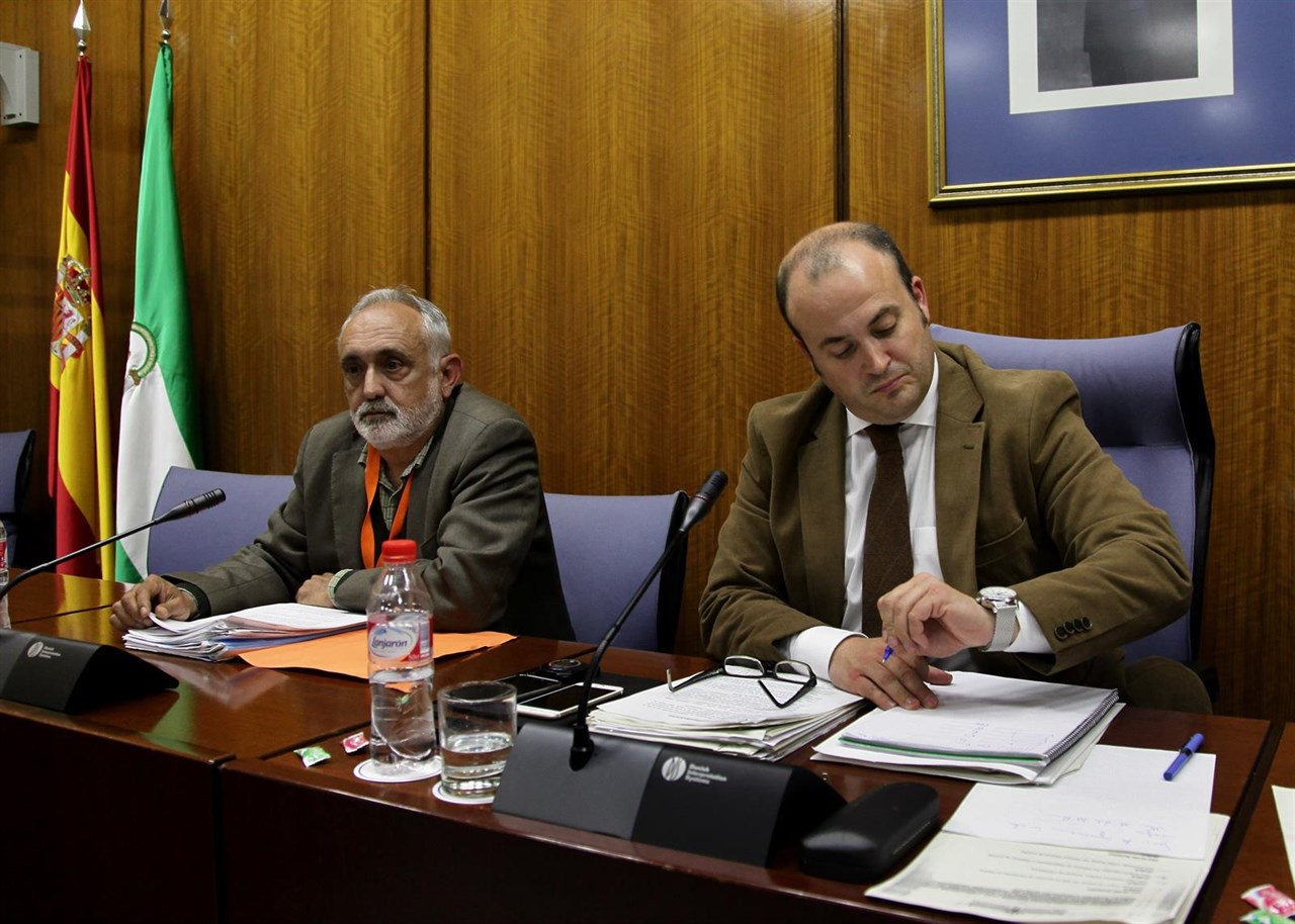 Fernando Villén (izquierda), cuando declaró en la comisión de investigación del Parlamento de Andalucía por el fraude de los cursos.