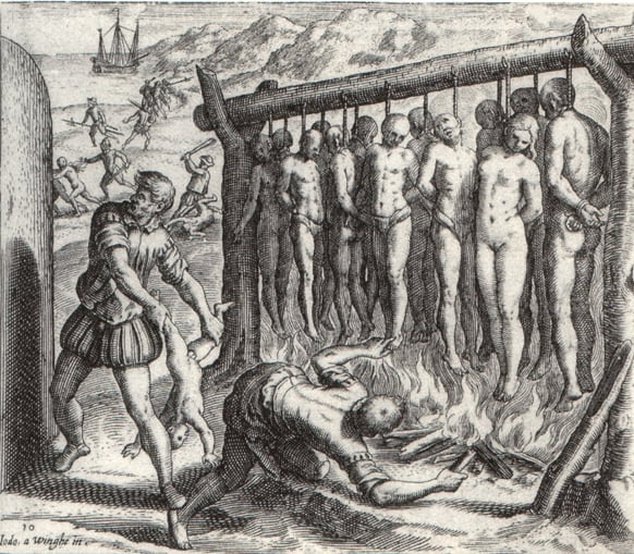 Ilustración de Theodor de Bry (1528-1598) su obra es característica de la propaganda antiespañola que surgió en países protestantes como las Provincias Unidas e Inglaterra a finales del siglo XVI a raíz de la fuerte rivalidad comercial y militar con el Imperio español.