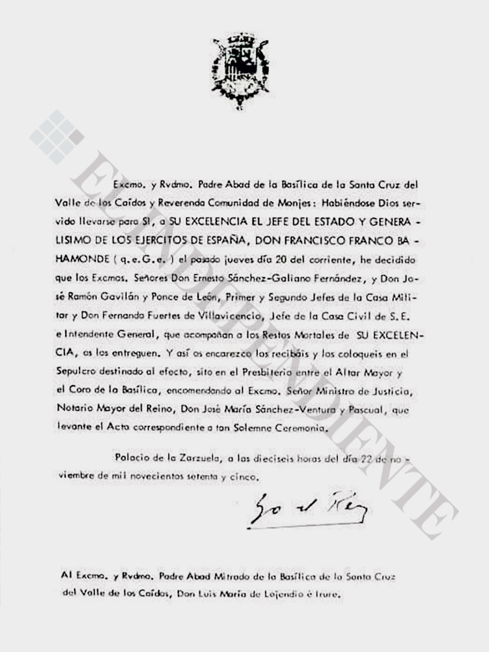 Carta de Juan Carlos I entregando los resto de Franco